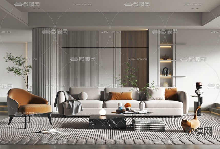 现代布艺沙发组合3d模型下载(渲染图1)
