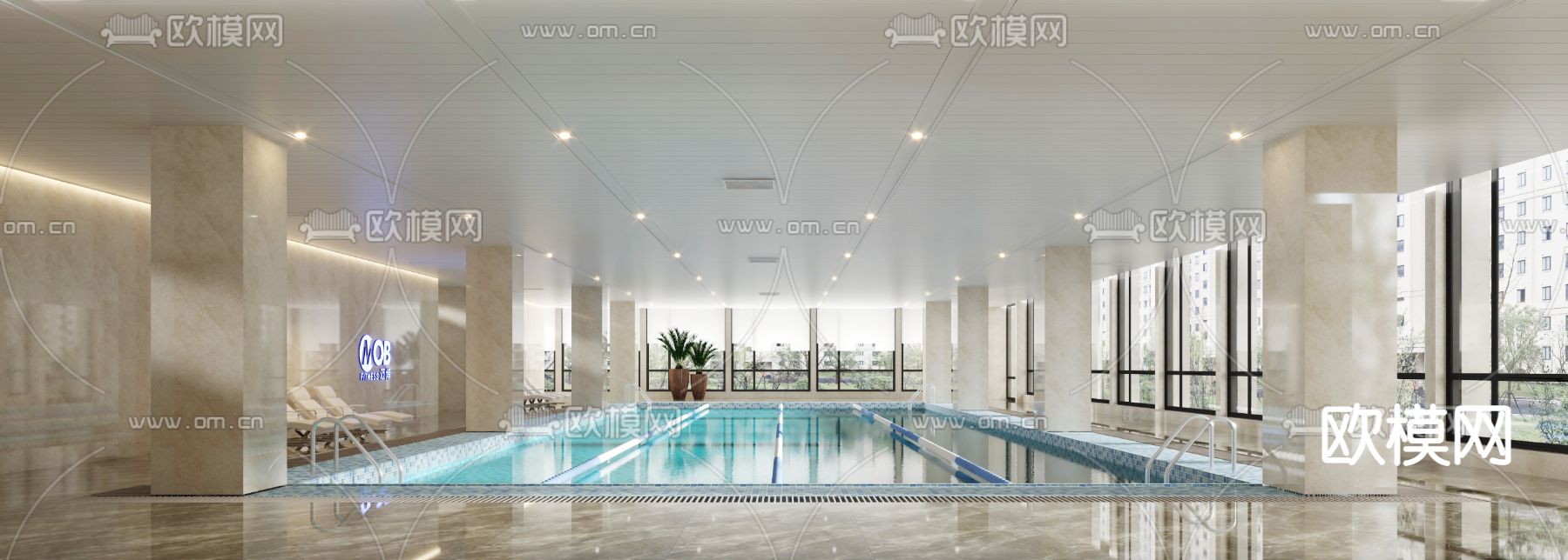 现代室内游泳池3d模型下载（渲染图1）