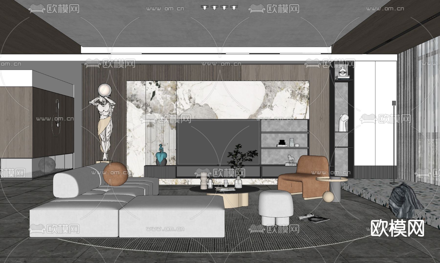 现代轻奢客厅su模型下载（渲染图2）