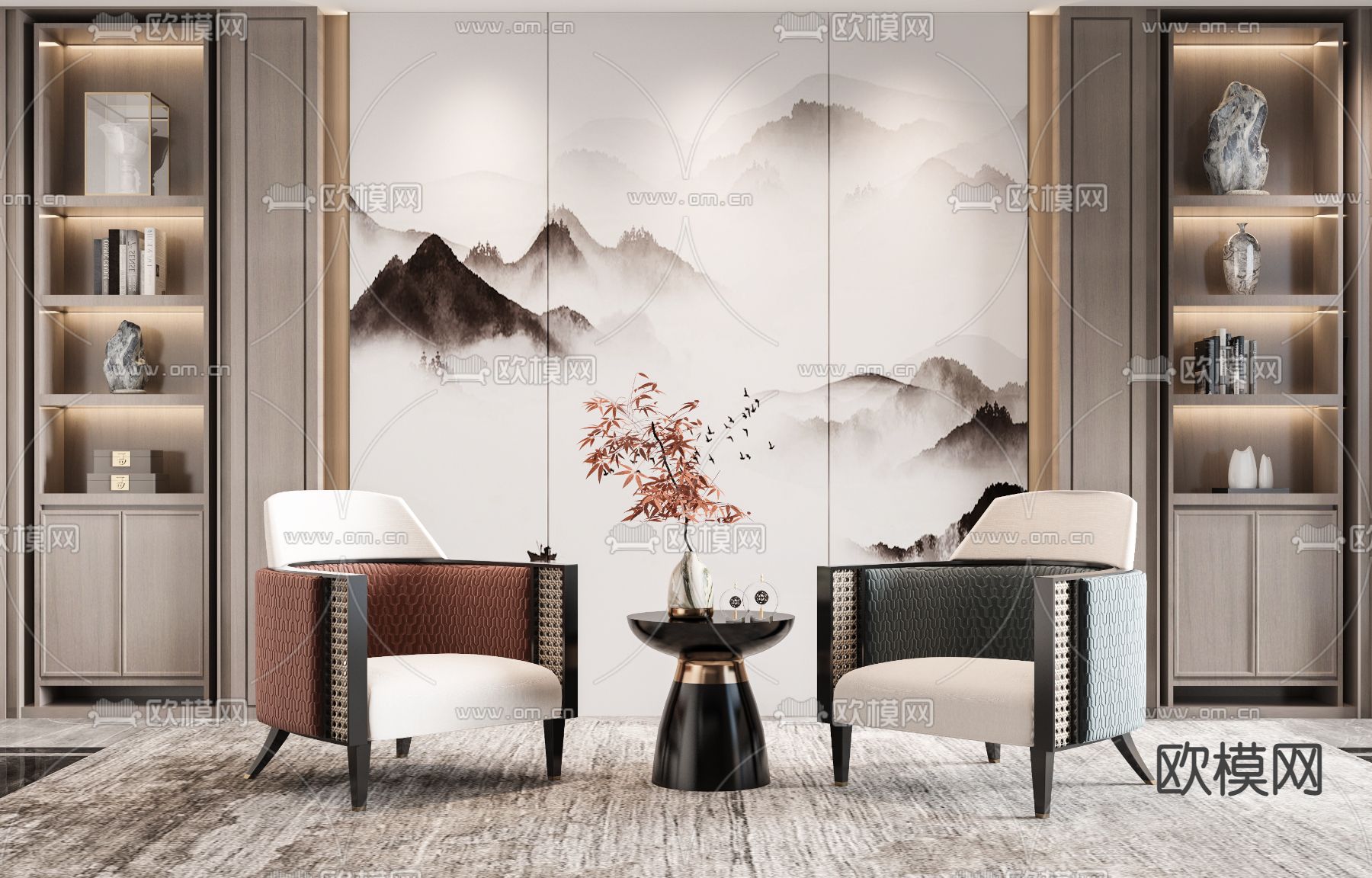 新中式皮革单人沙发3d模型下载