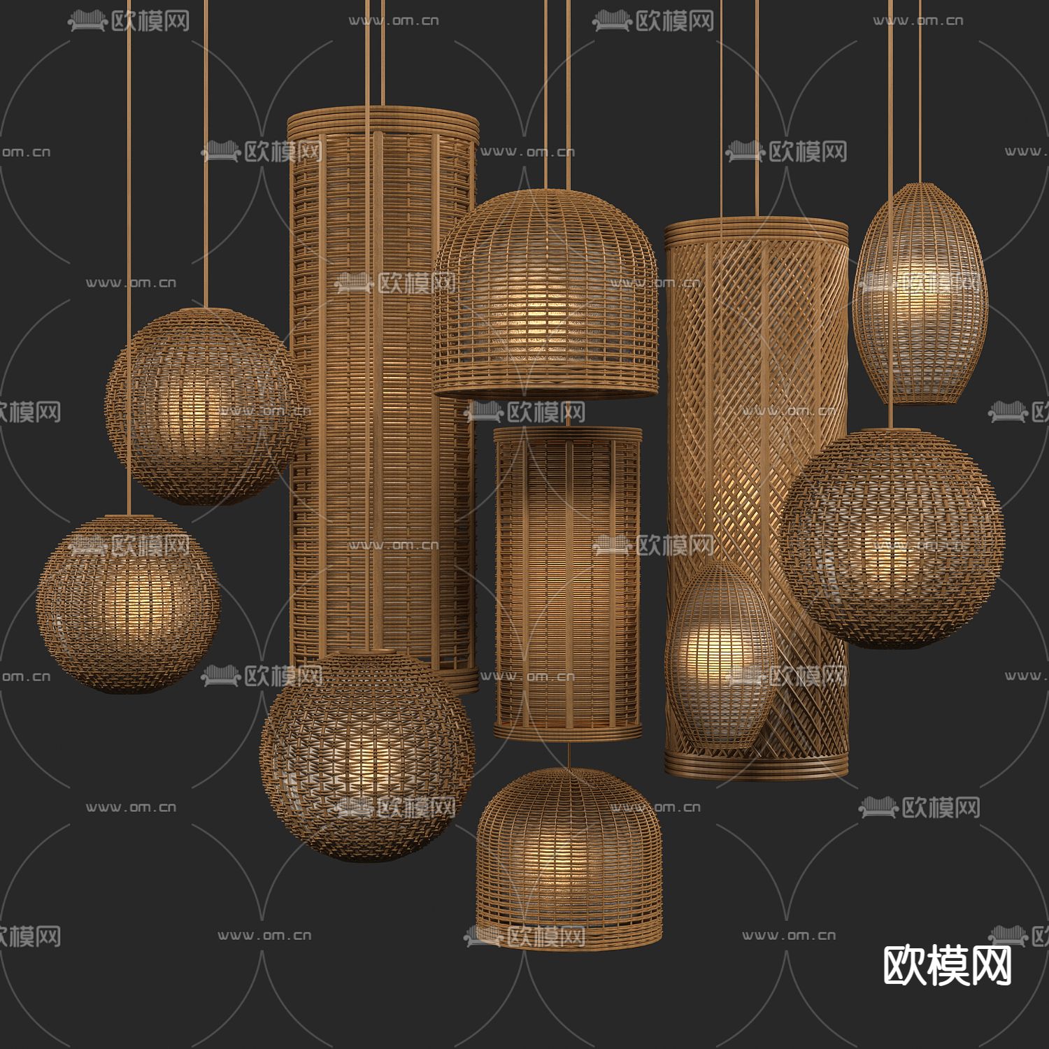 自然风藤编吊灯3d模型下载（渲染图1）