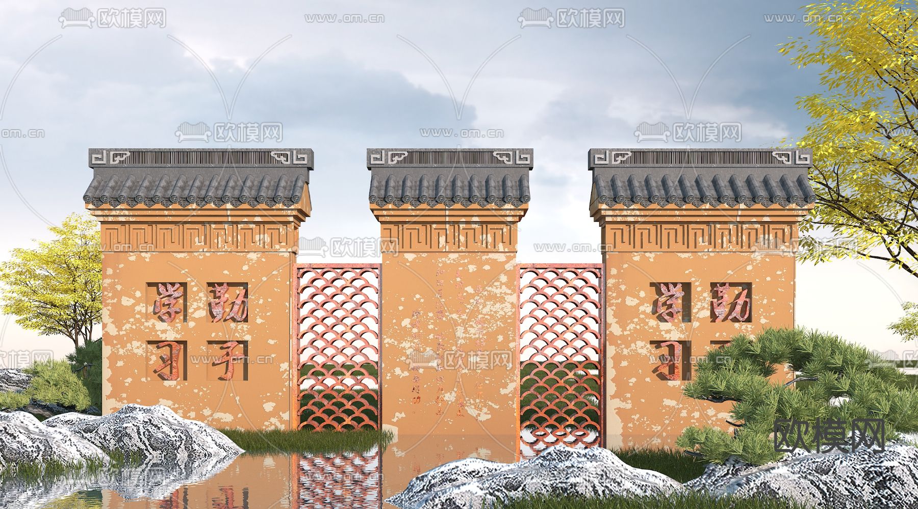 中式园林景观墙3d模型下载