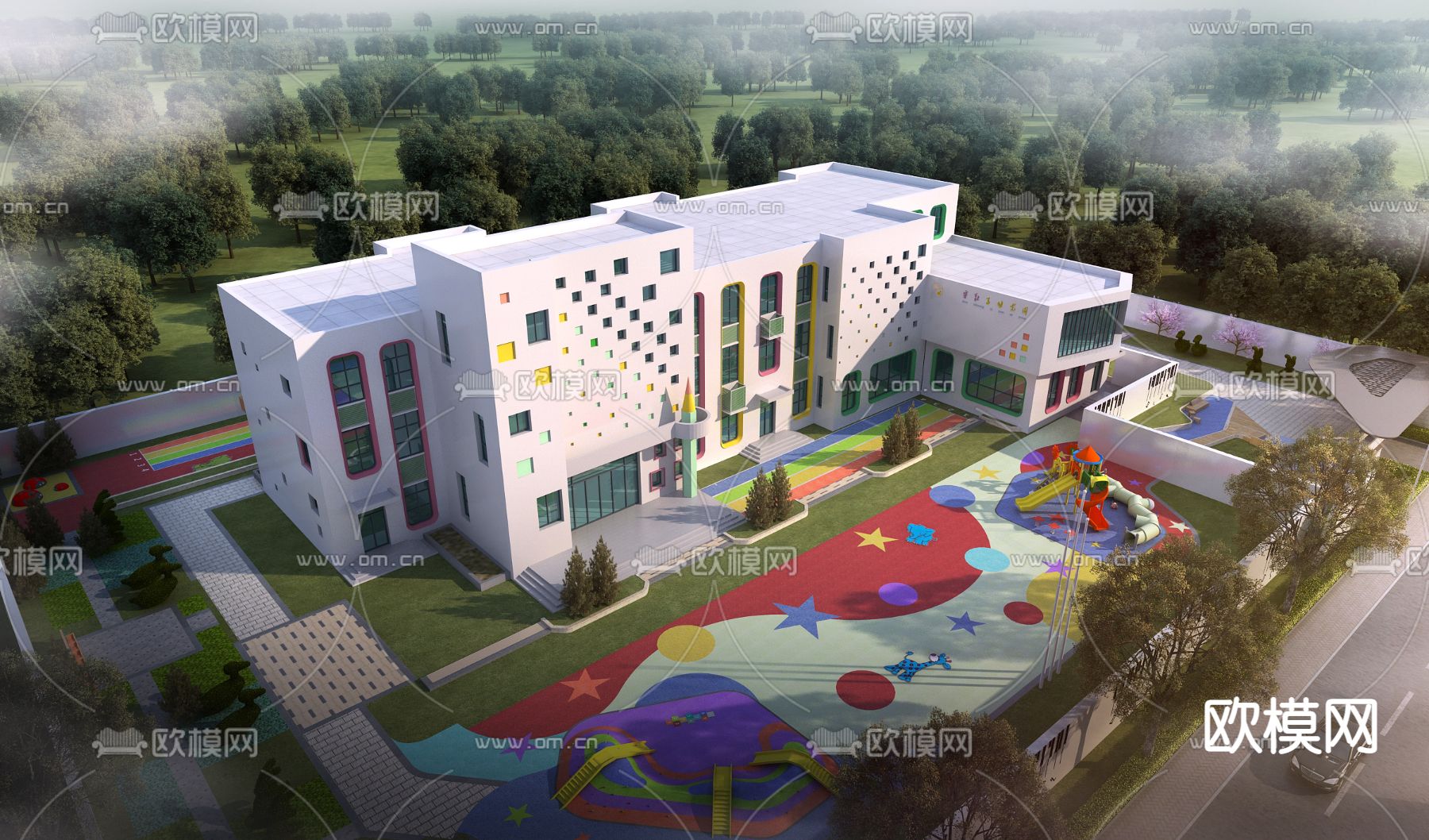 现代幼儿园鸟瞰3d模型