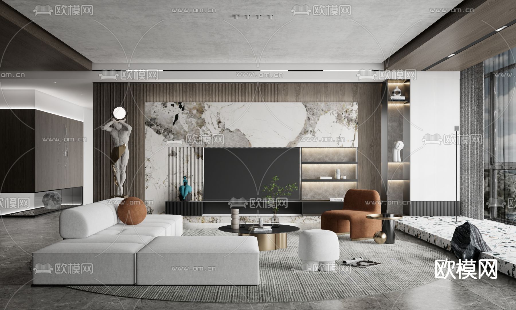 现代轻奢客厅su模型下载（渲染图1）