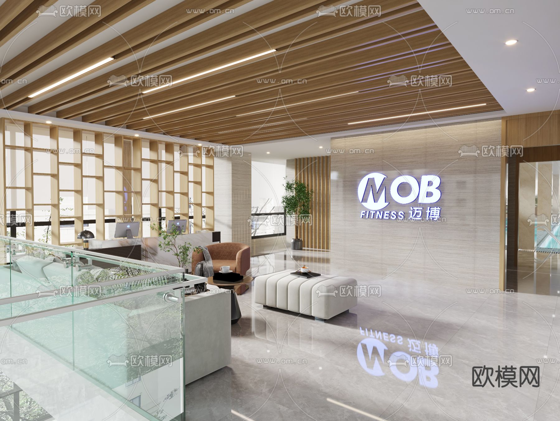 现代室内游泳池3d模型下载（渲染图2）