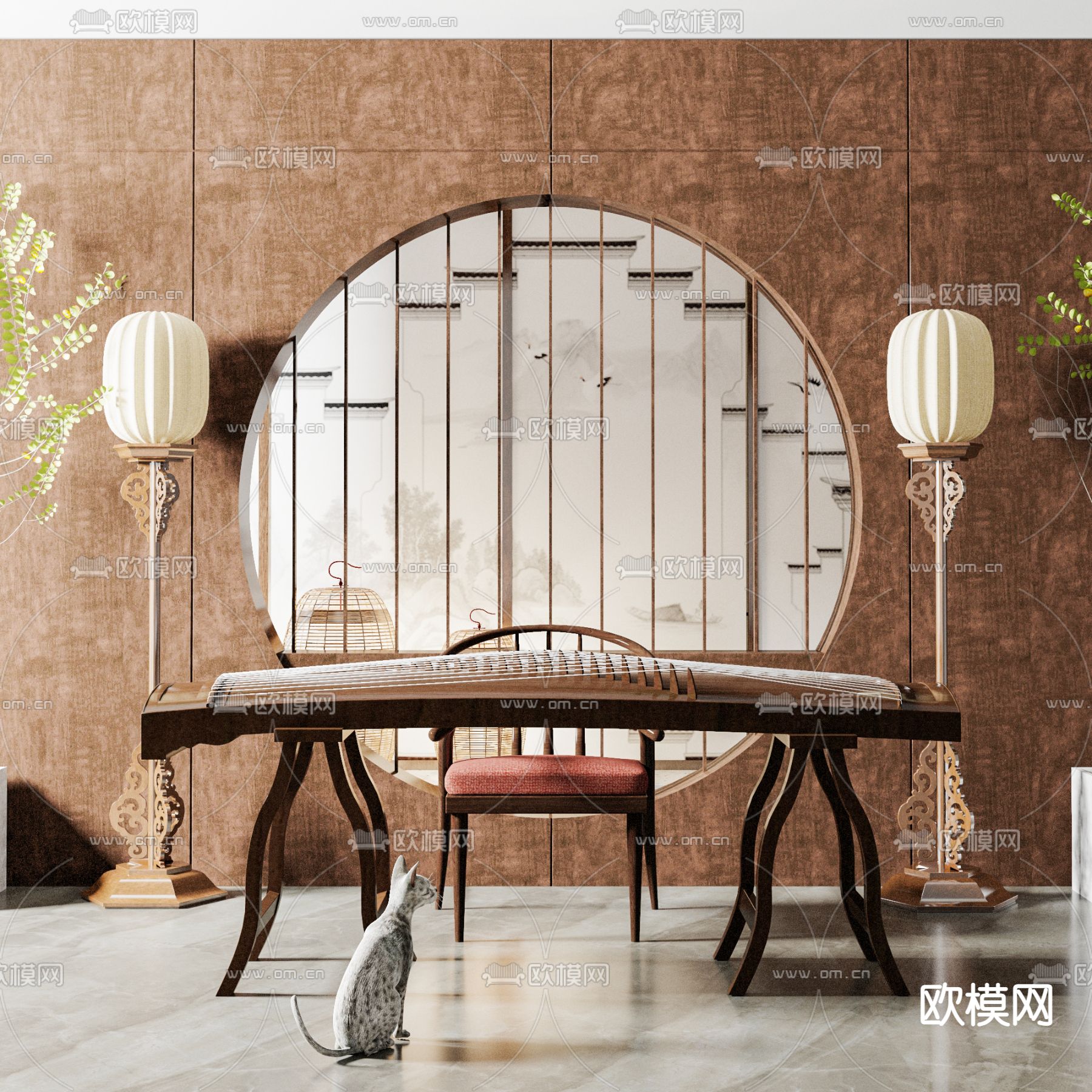 新中式实木古筝3d模型下载