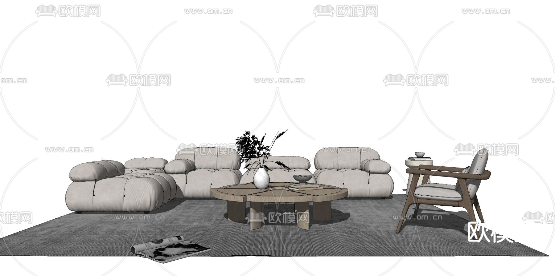侘寂风布艺沙发茶几组合su模型下载（渲染图2）
