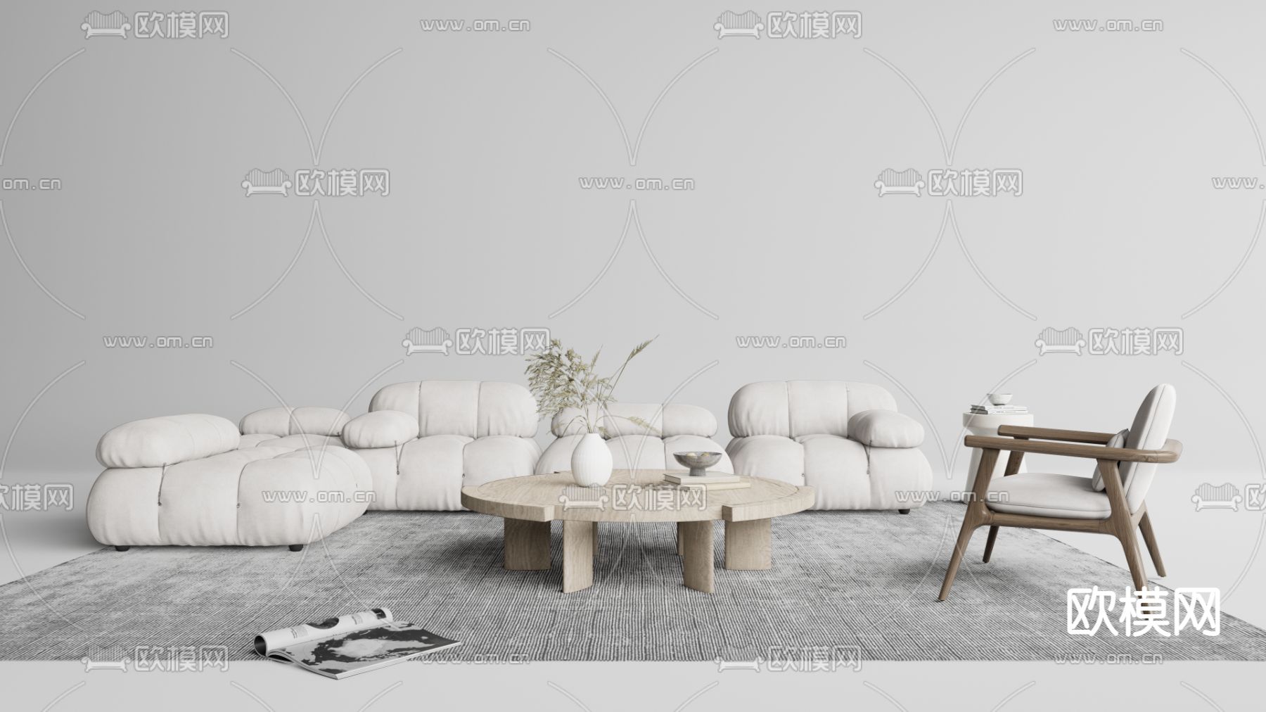 侘寂风布艺沙发茶几组合su模型下载（渲染图1）