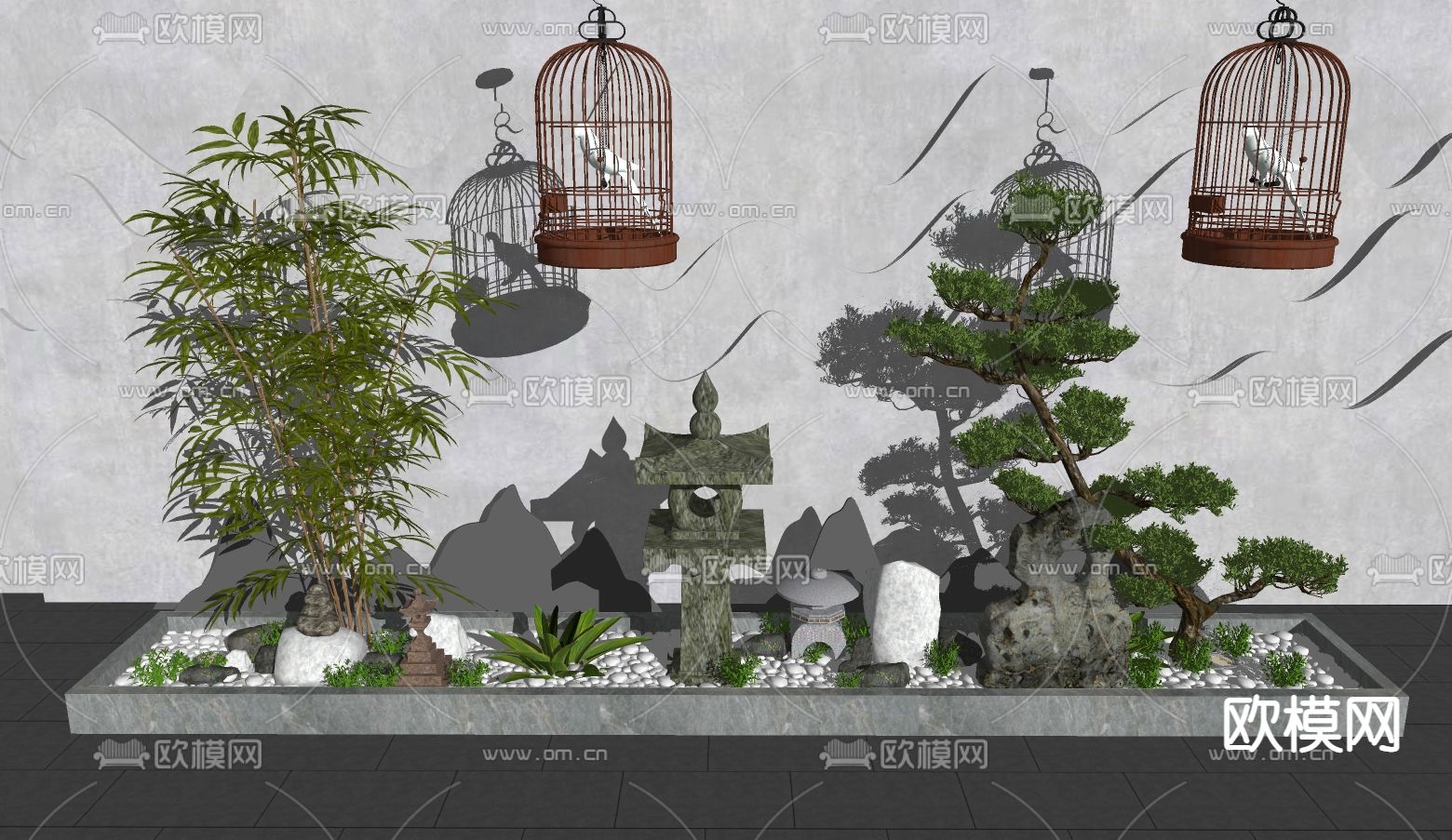 中式竹子景观小品su模型下载