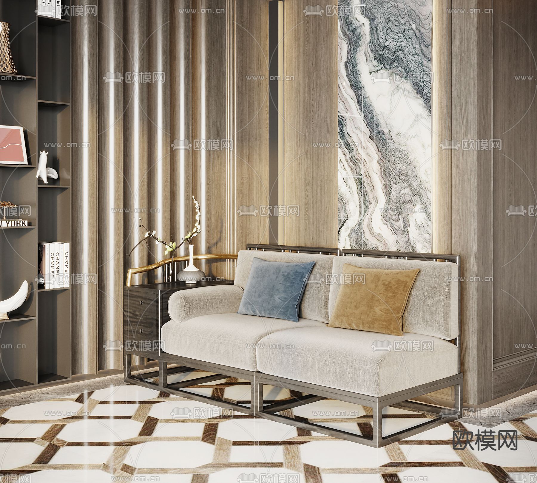 新中式布艺双人沙发3d模型下载