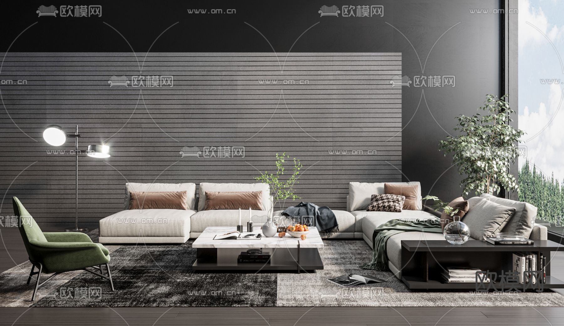 现代布艺转角组合沙发3d模型