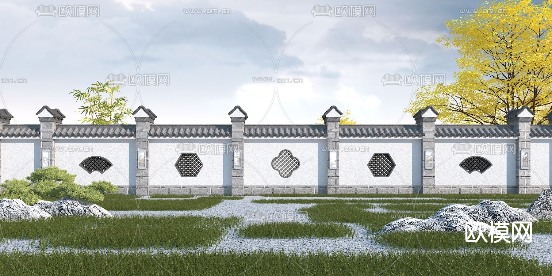 新中式围墙景观墙3d模型