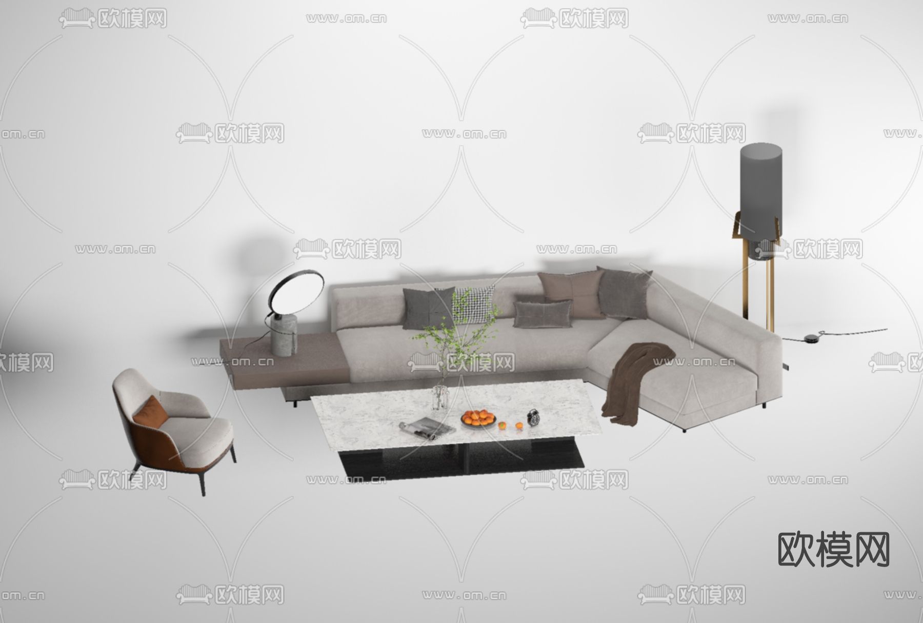 现代布艺转角沙发组合免费3d模型