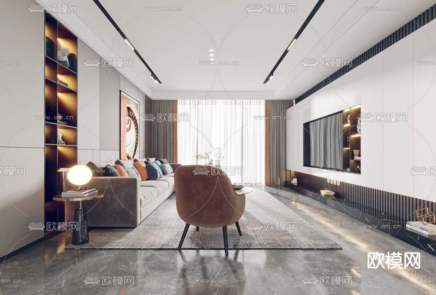 现代轻奢客厅餐厅3d模型下载（渲染图2）