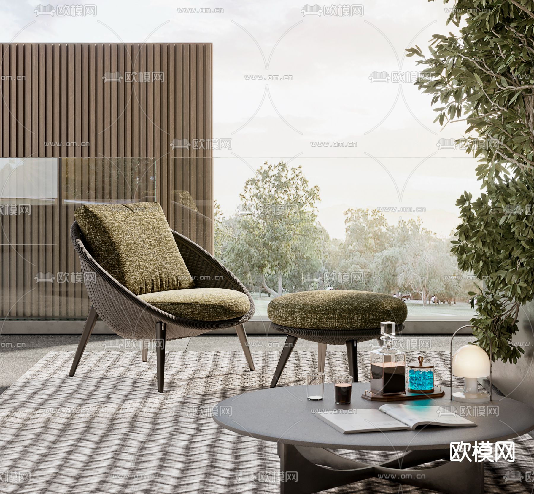 现代藤编户外休闲椅3d模型下载（渲染图1）