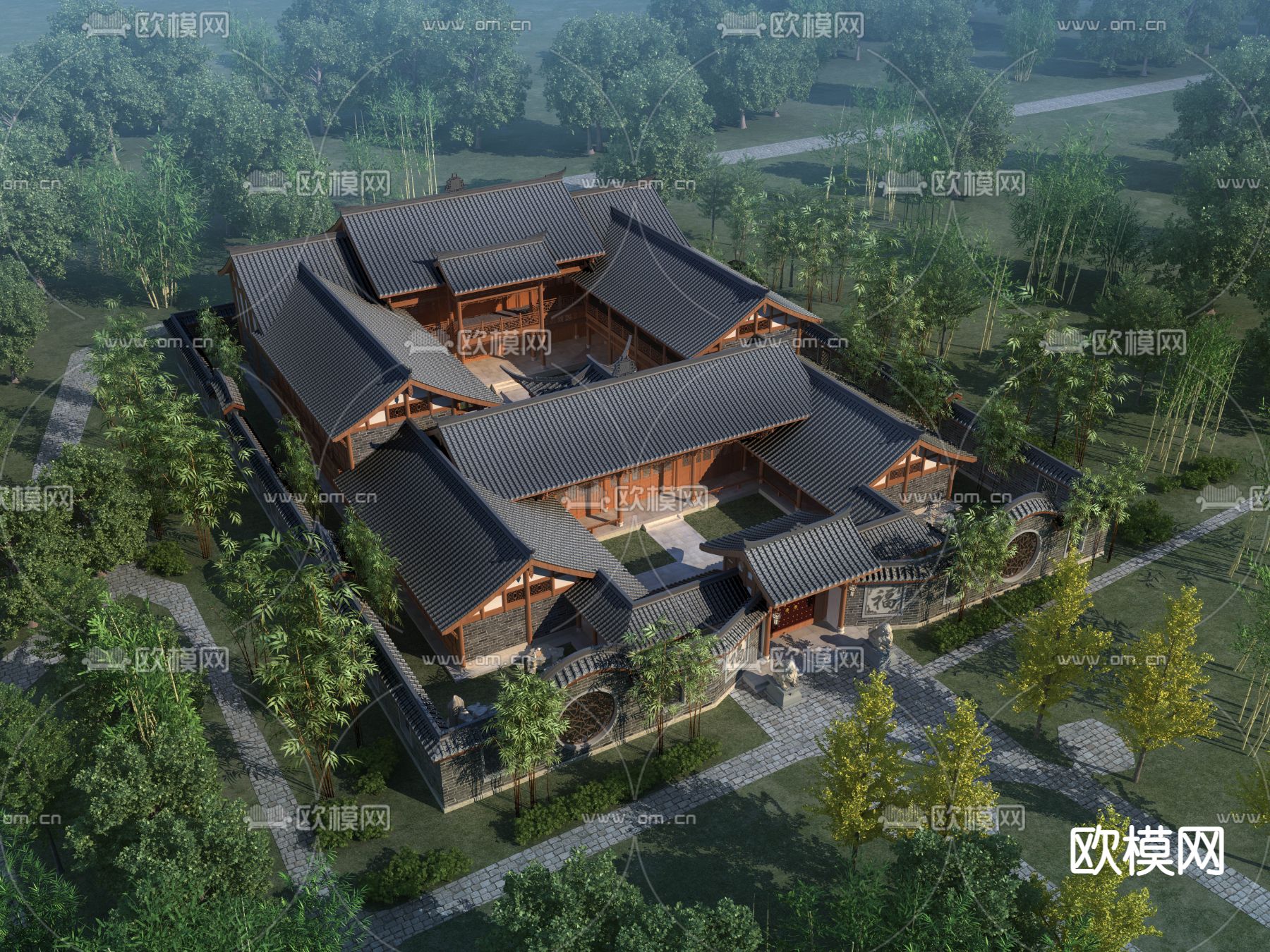 中式古建四合院鸟瞰3d模型下载