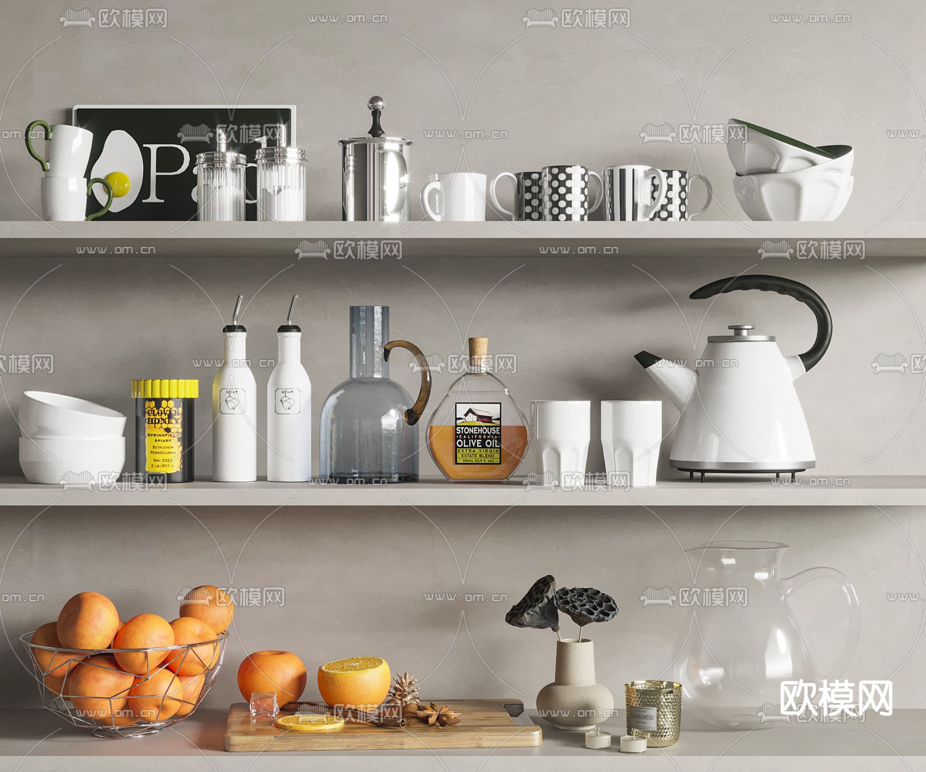 现代玻璃杯水壶厨具餐具3d模型下载