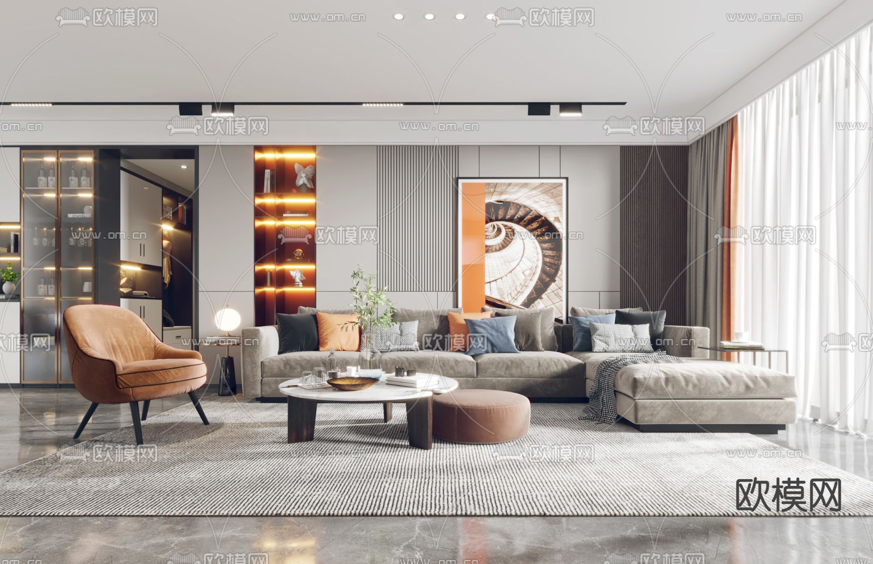 现代轻奢客厅餐厅3d模型下载（渲染图1）