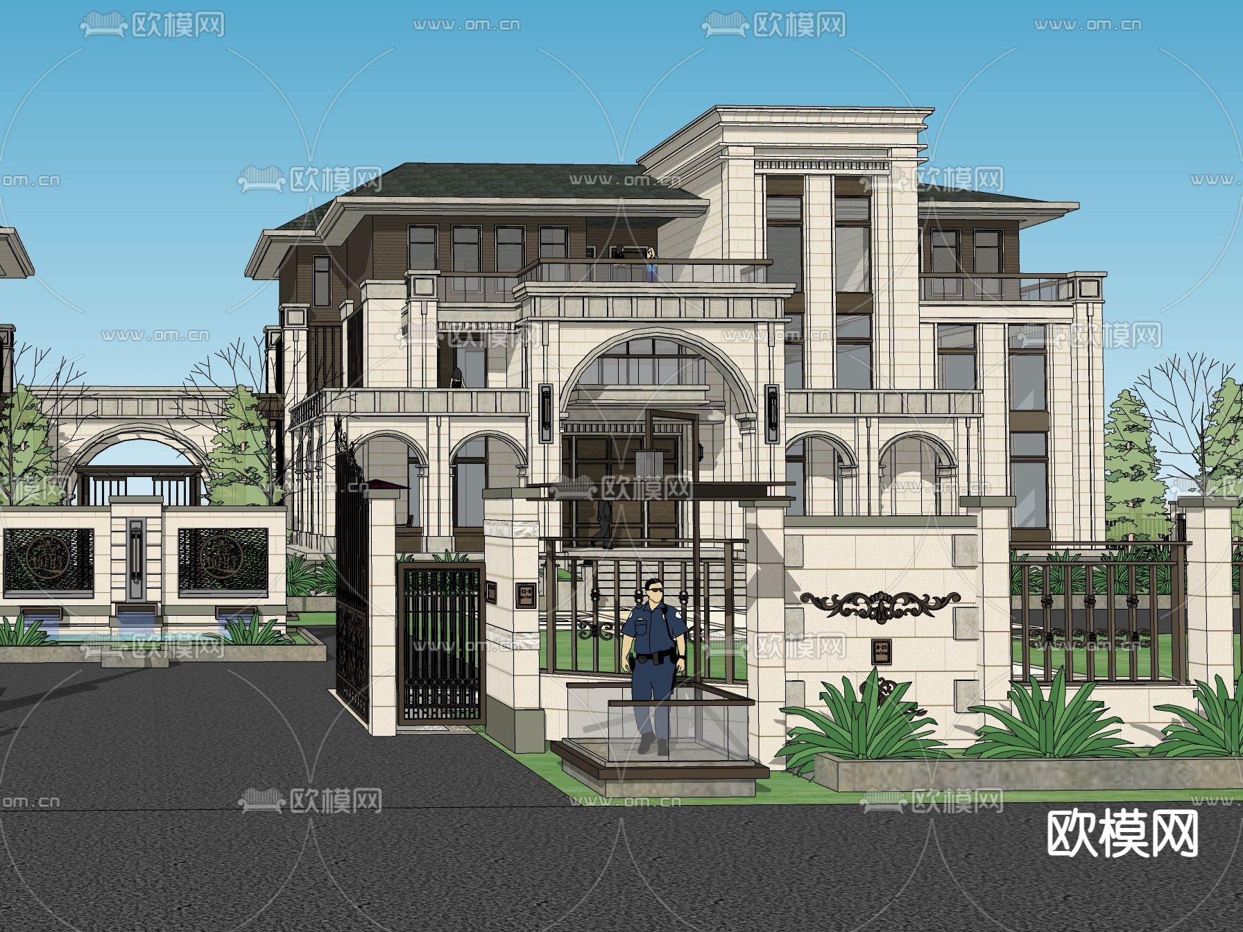 法式独栋别墅su模型下载（渲染图1）