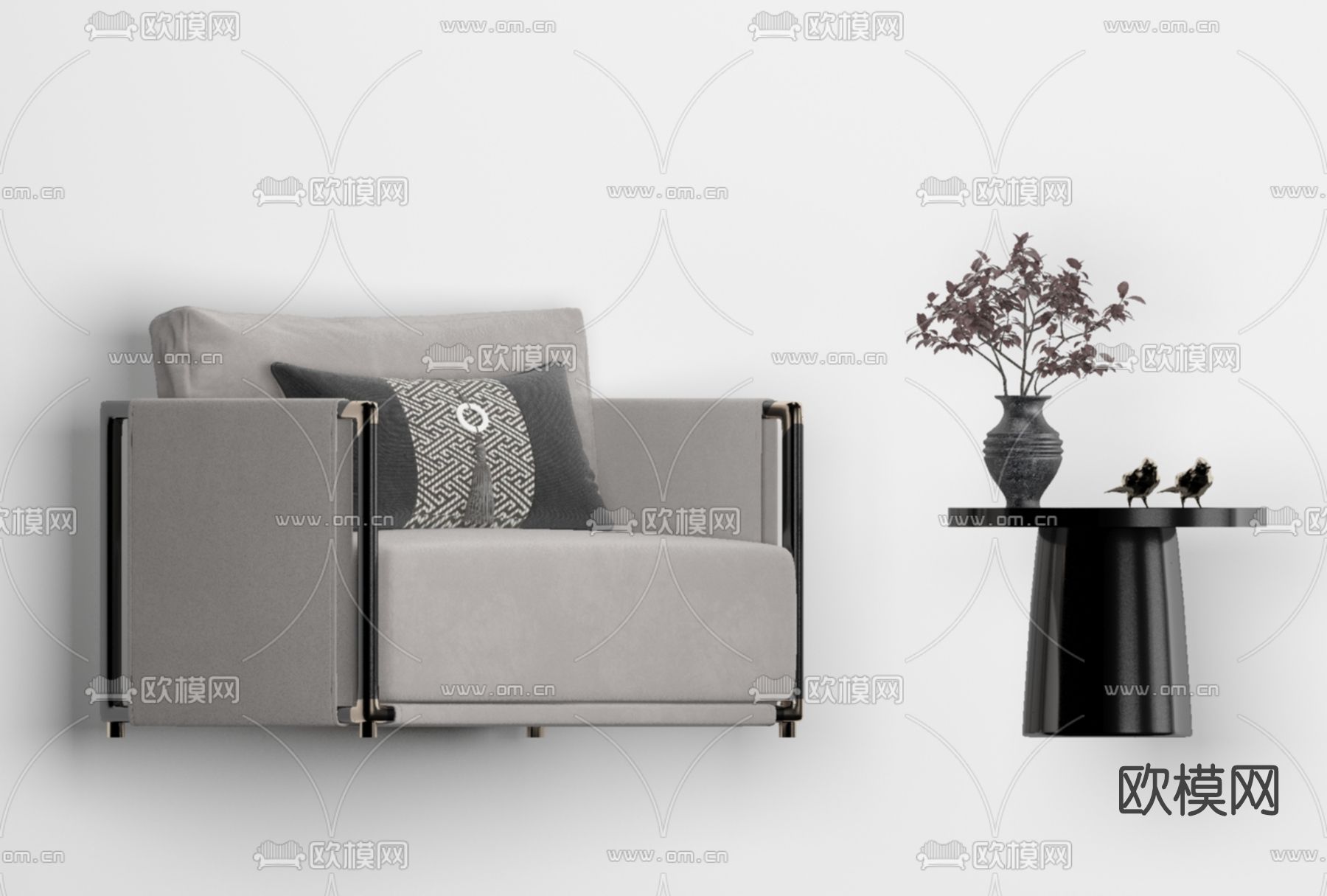 新中式布艺单人沙发免费3d模型下载