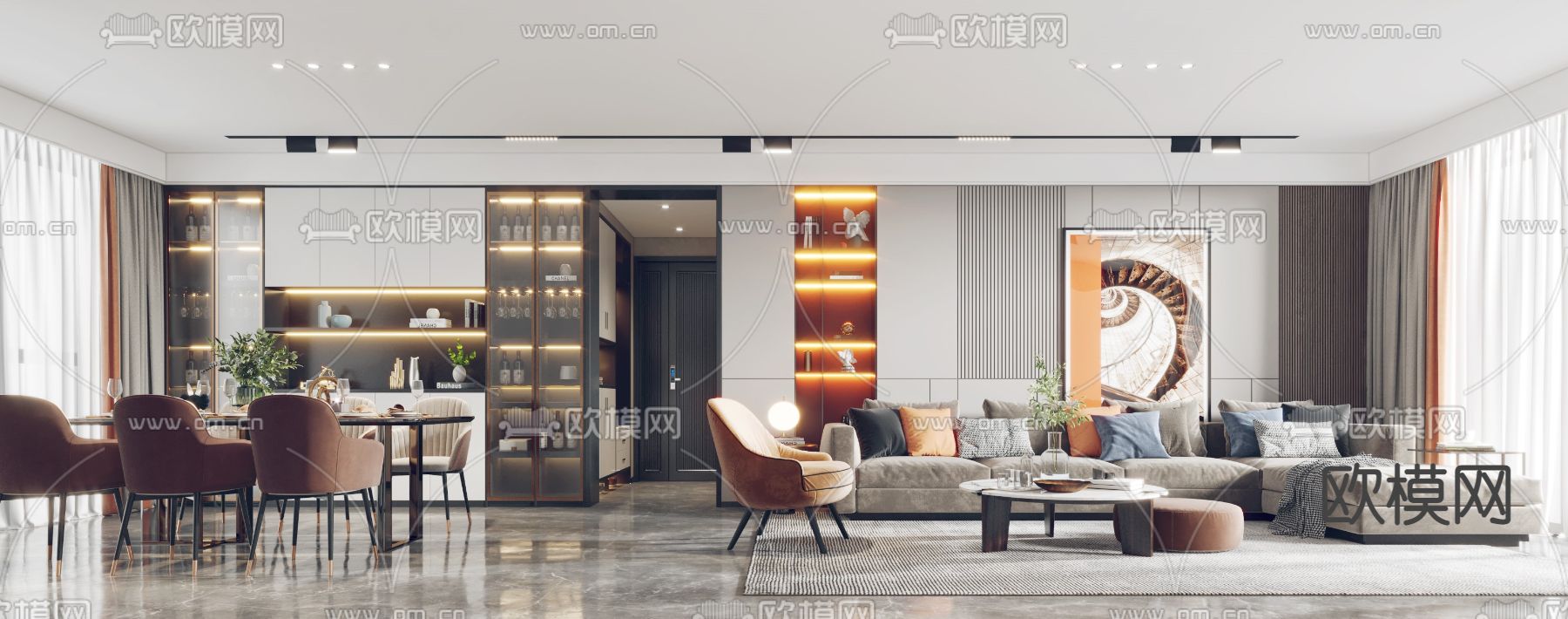 现代轻奢客厅餐厅3d模型下载（渲染图3）