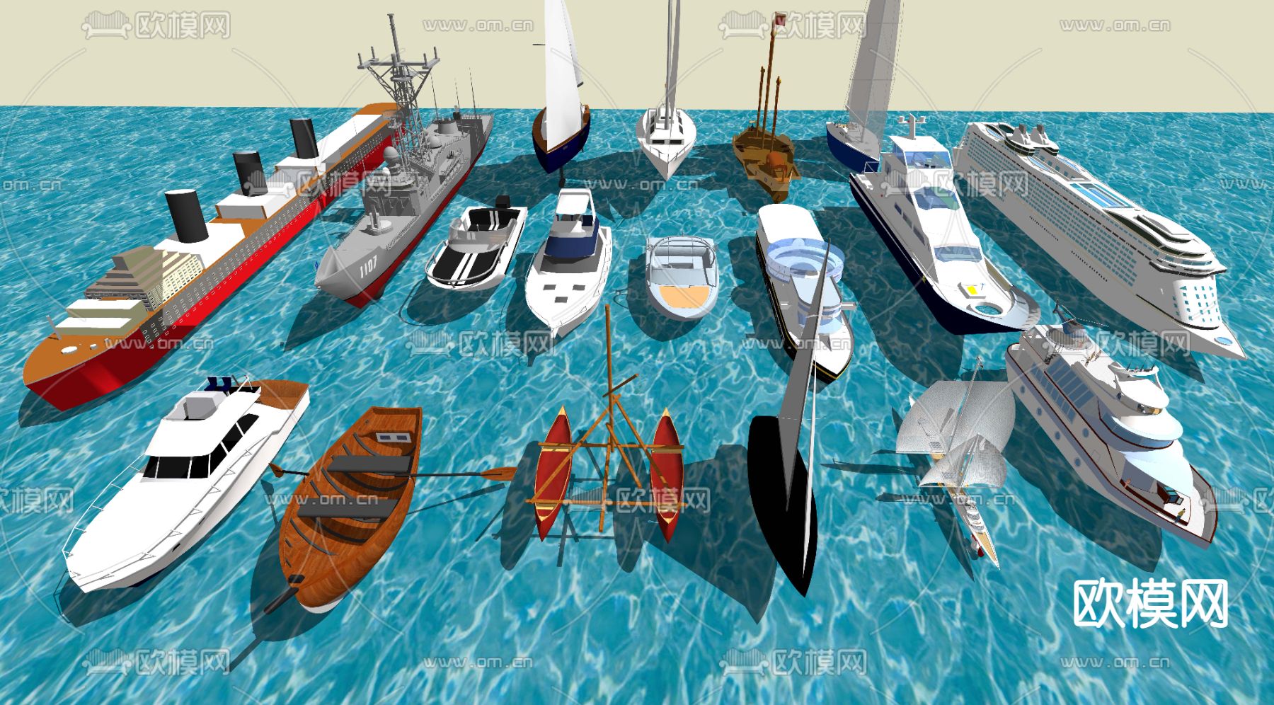 现代轮船帆船su模型下载