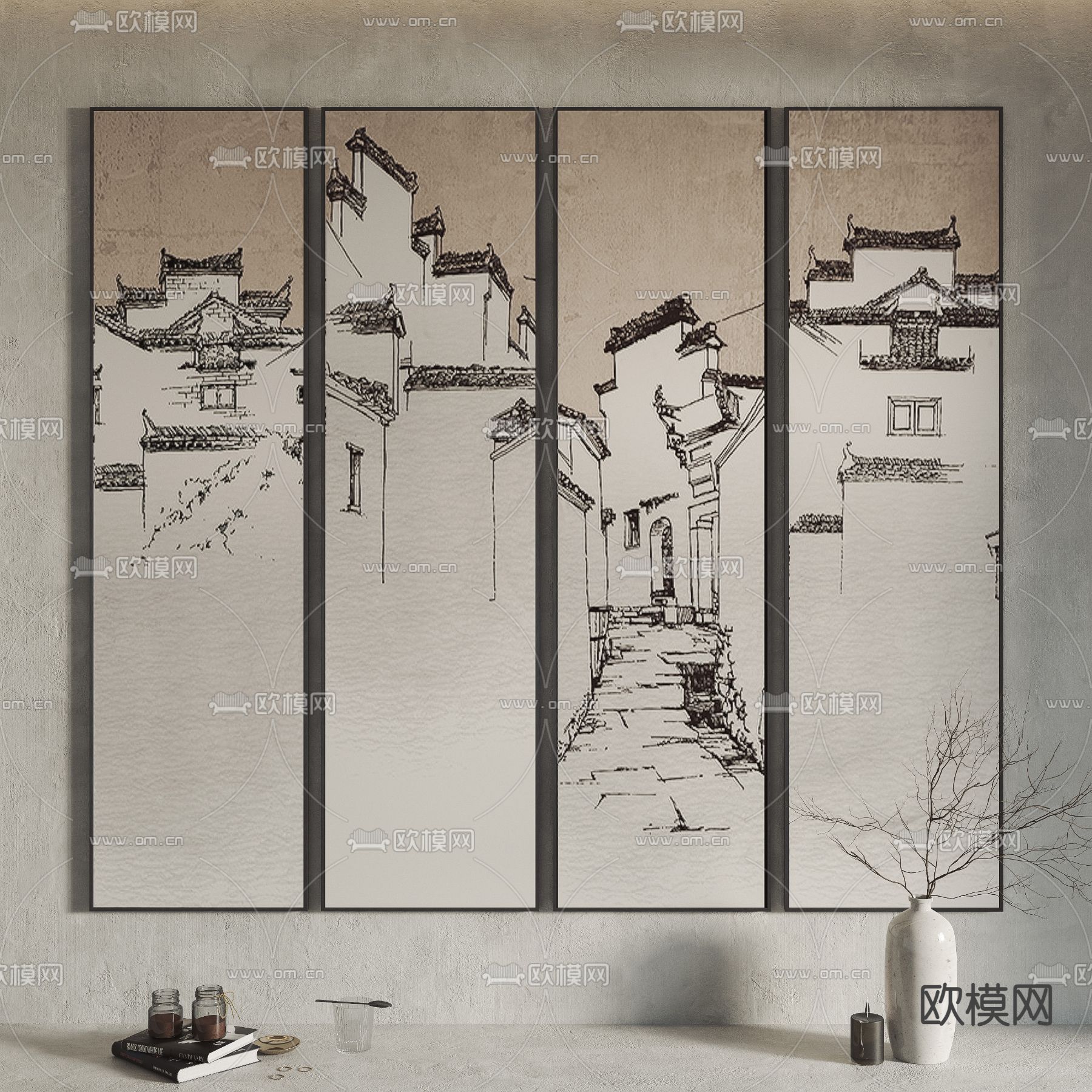 新中式屋檐装饰画3d模型