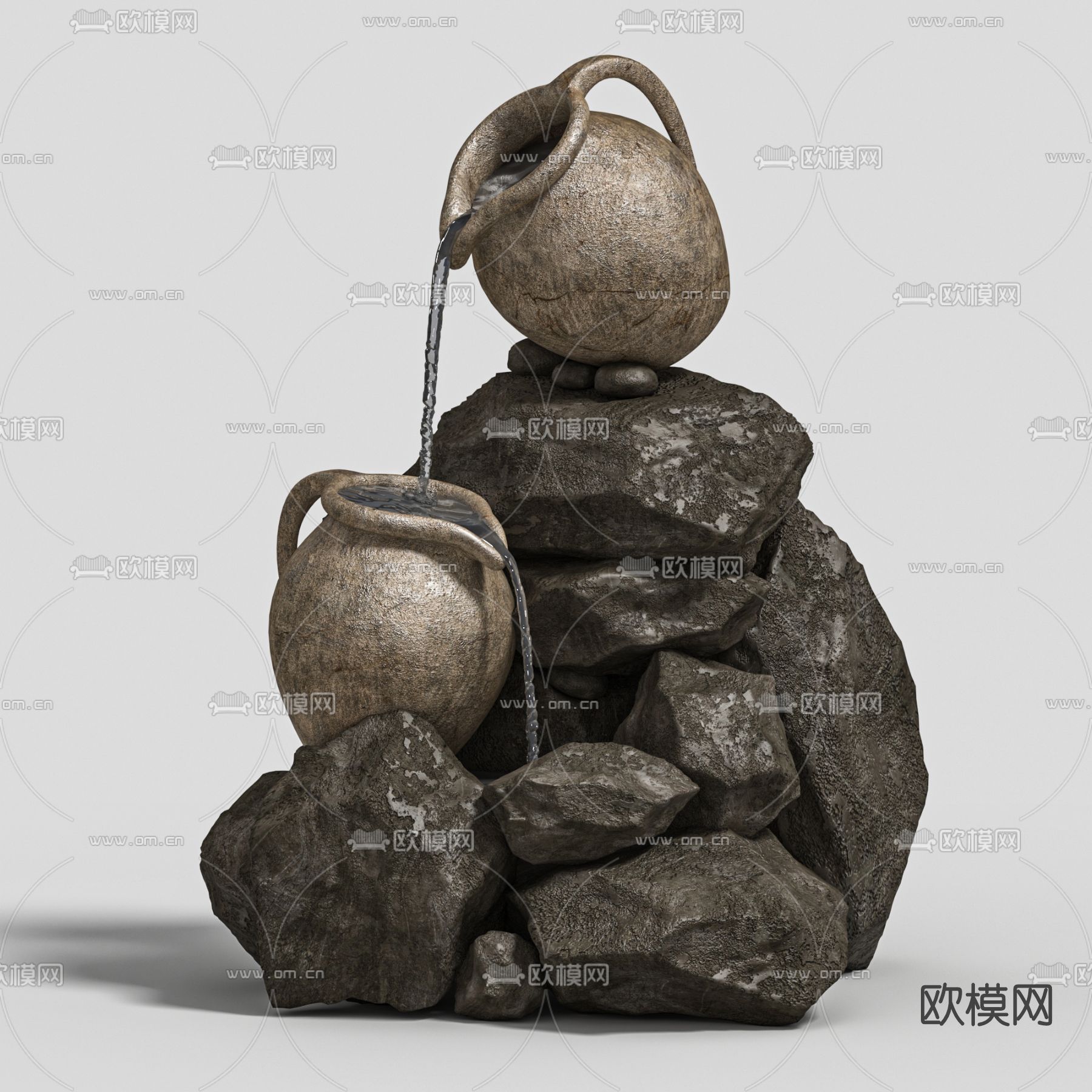 中式假山流水免费3d模型下载