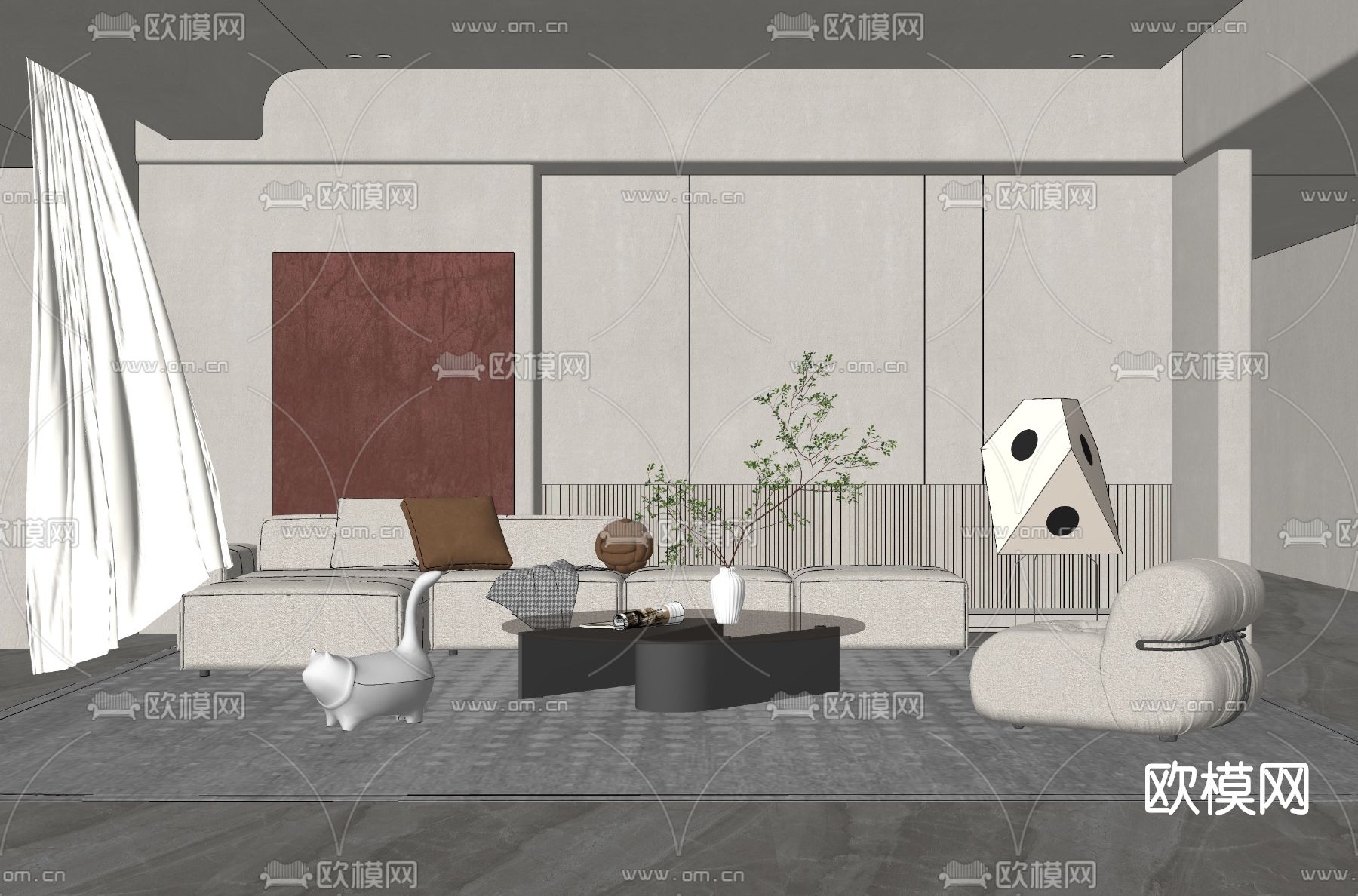 侘寂布艺沙发组合su模型