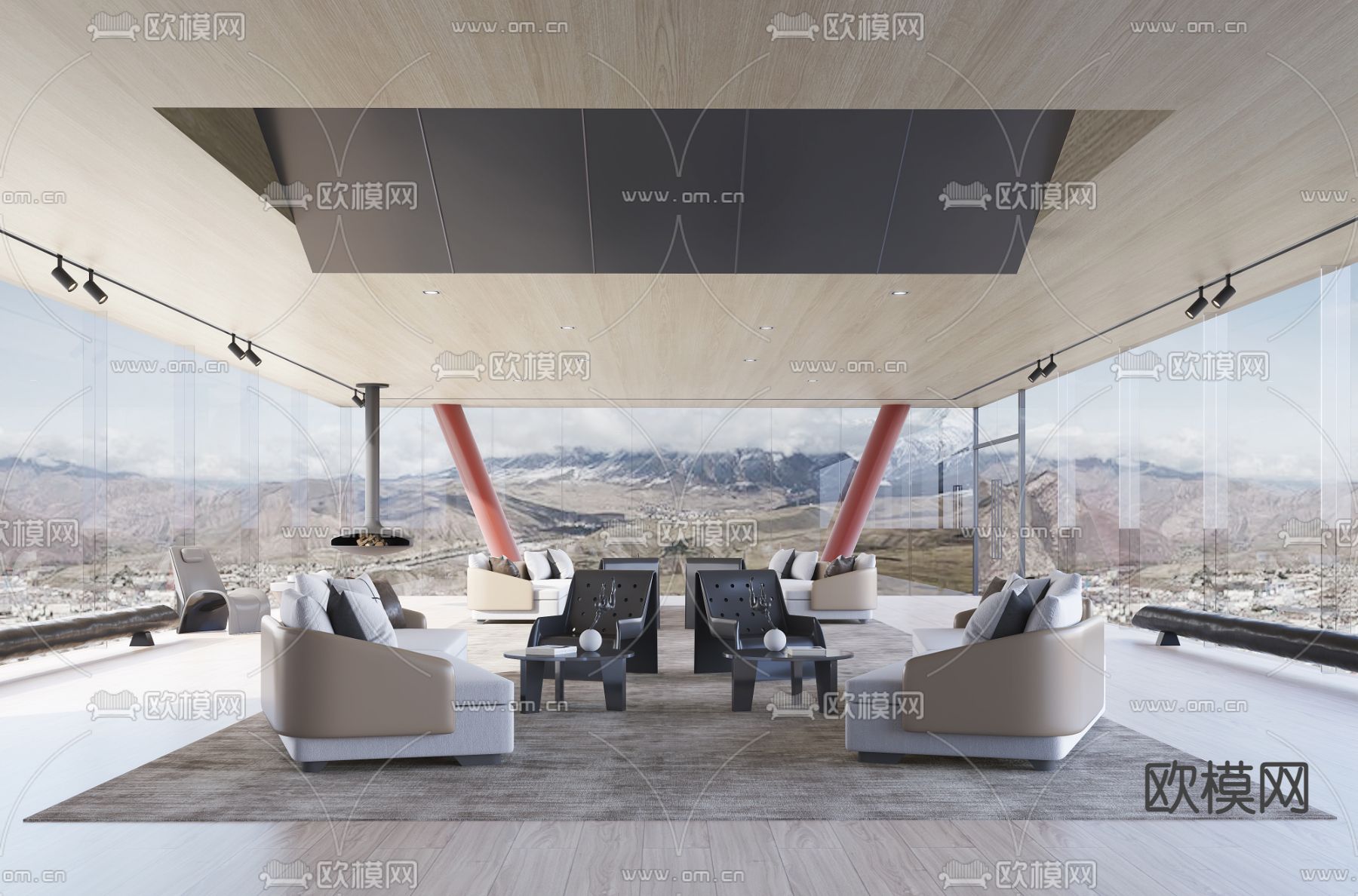 励时设计 现代售楼处洽谈区3d模型下载（渲染图1）