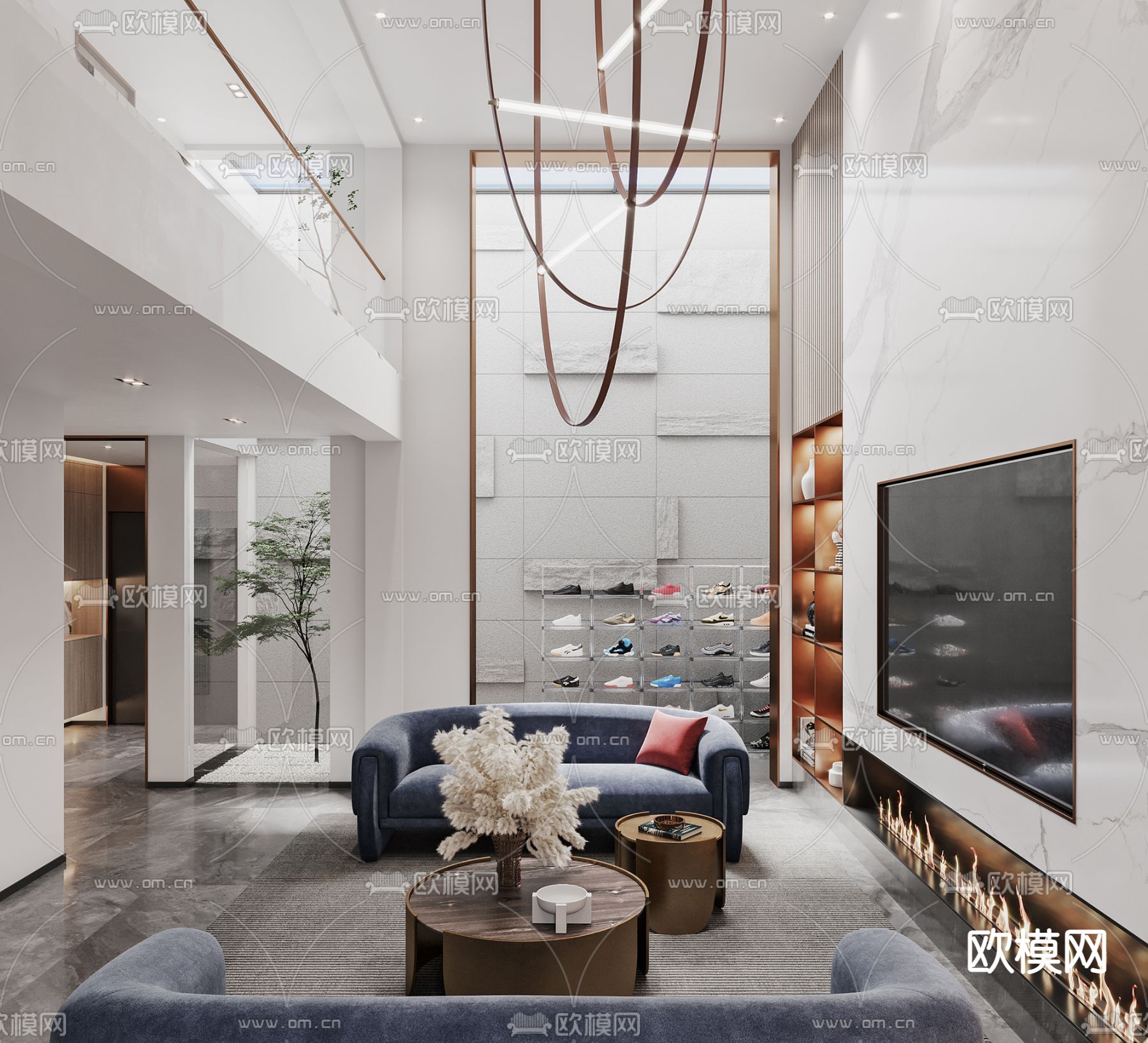 现代轻奢别墅大堂3d模型下载（渲染图1）