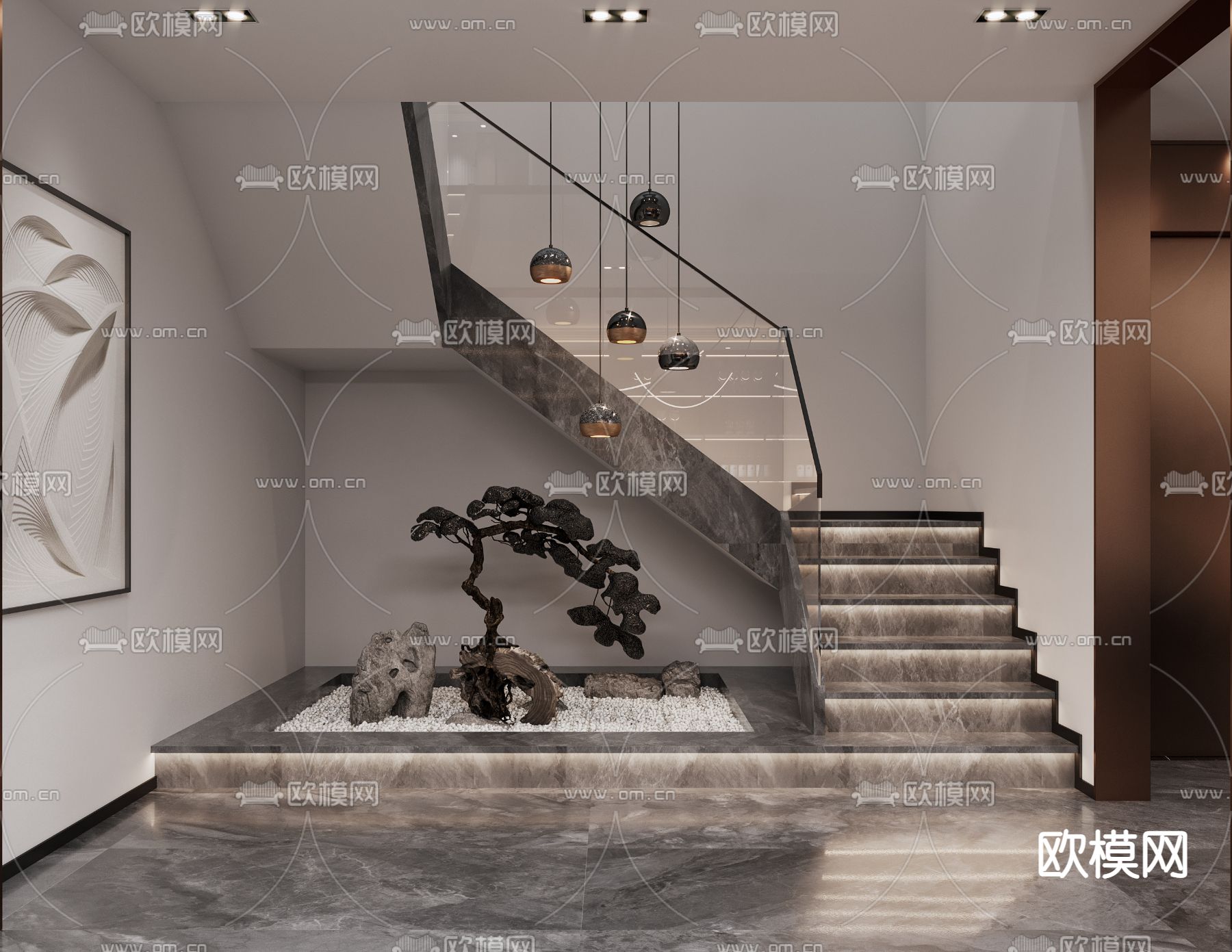 现代轻奢别墅大堂3d模型下载（渲染图8）