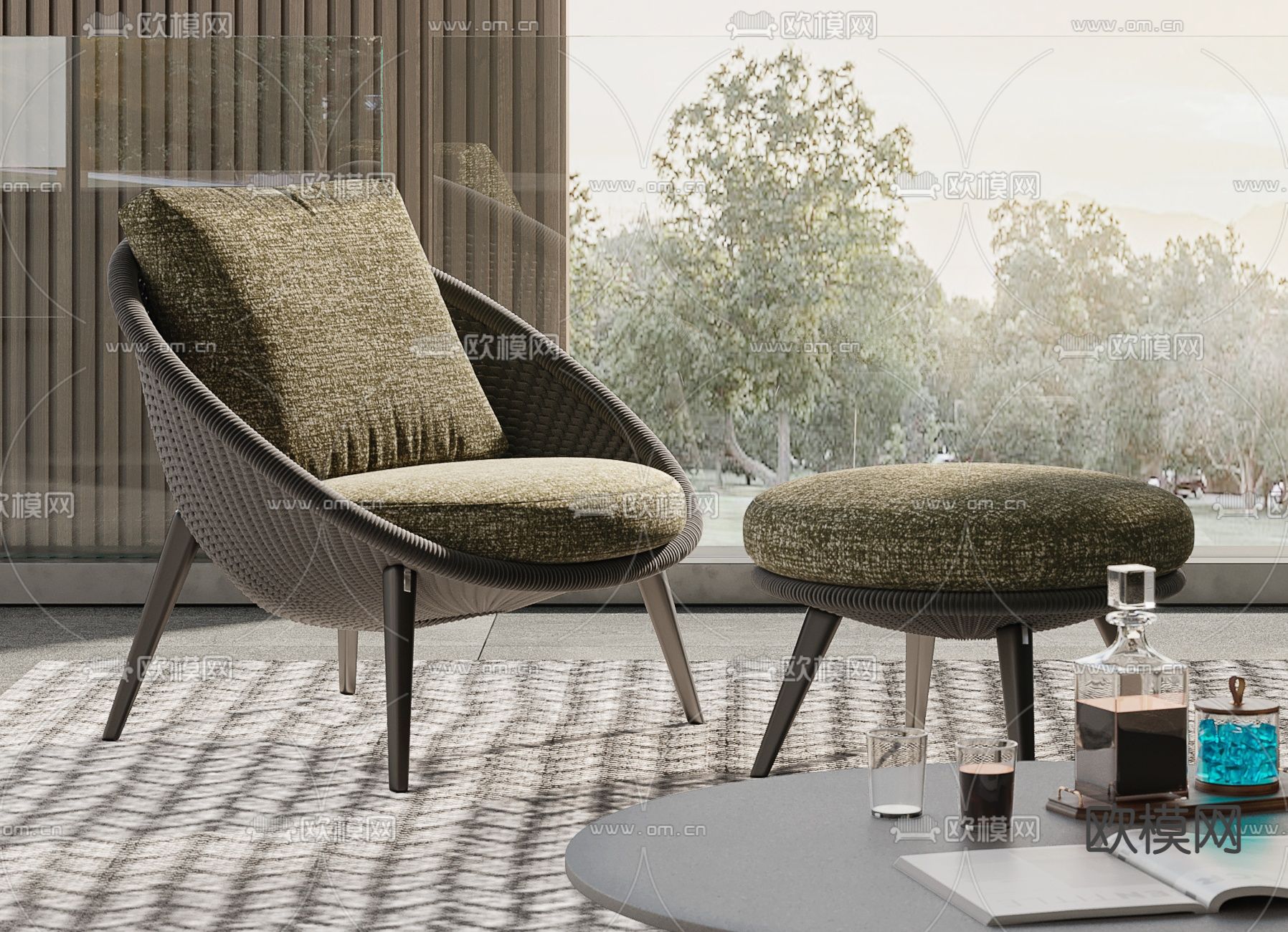 现代藤编户外休闲椅3d模型下载（渲染图2）
