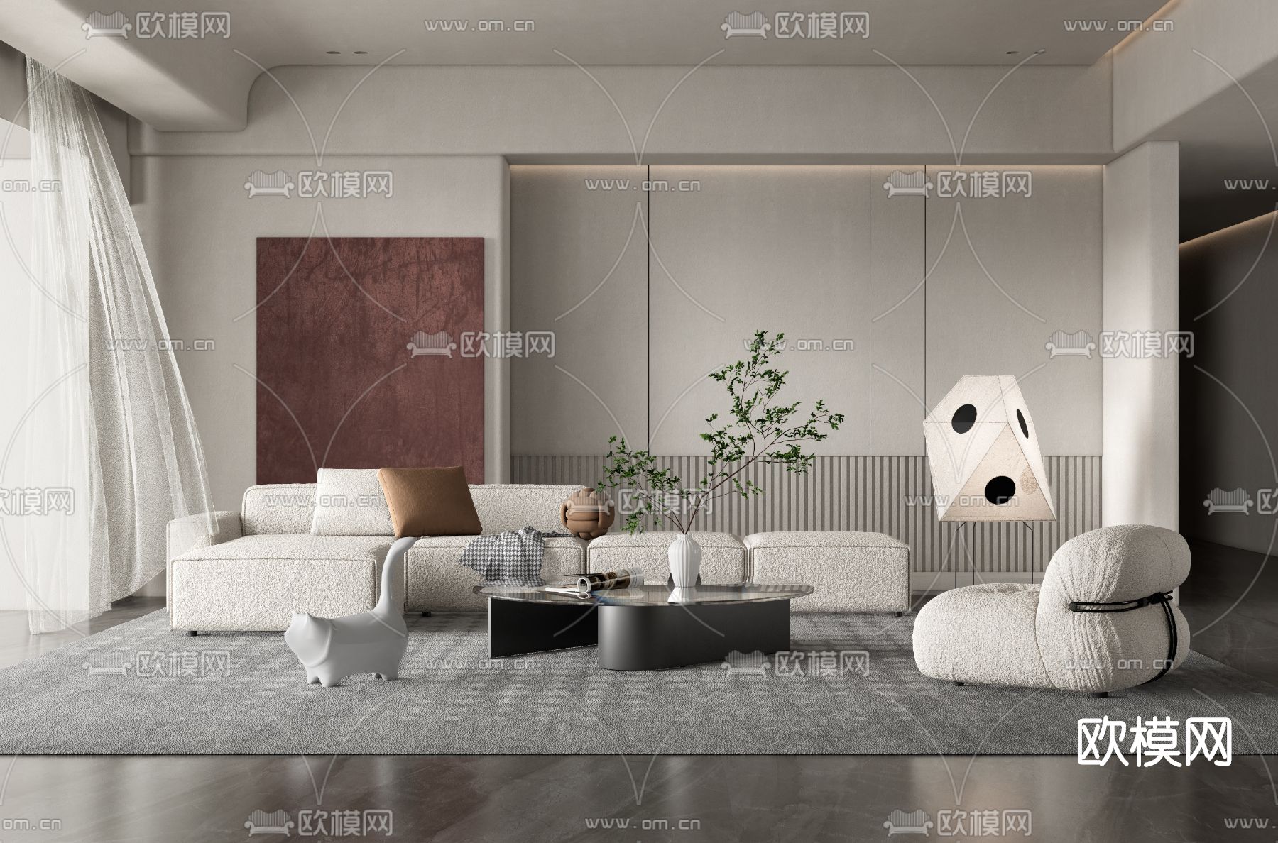 侘寂布艺沙发组合su模型