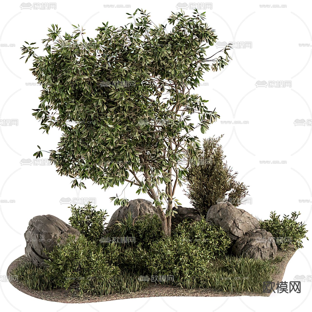 现代灌木丛石头小品3d模型
