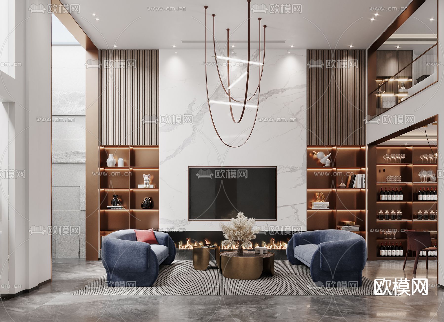 现代轻奢别墅大堂3d模型下载（渲染图2）