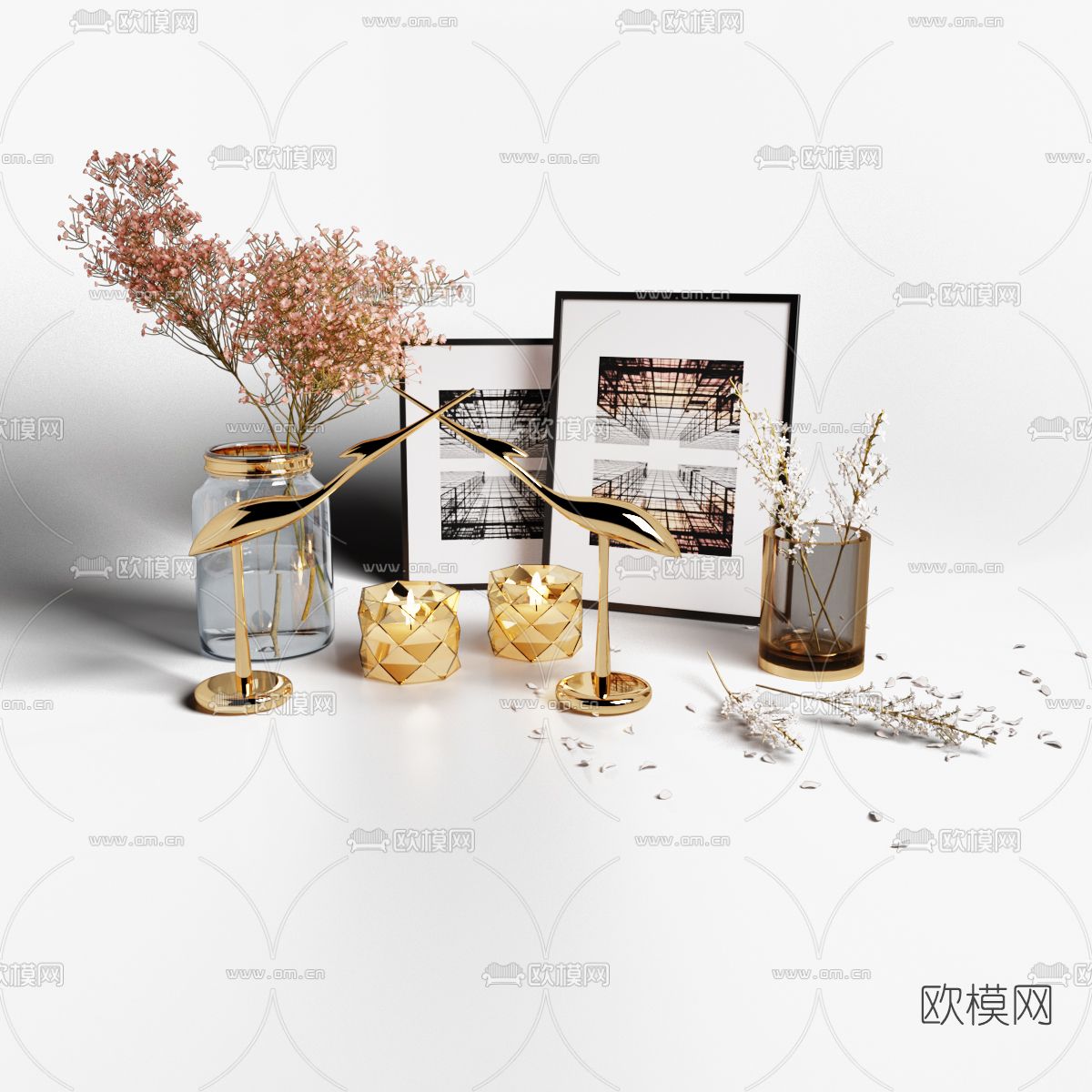 现代干枝花瓶雕塑摆件免费3d模型下载