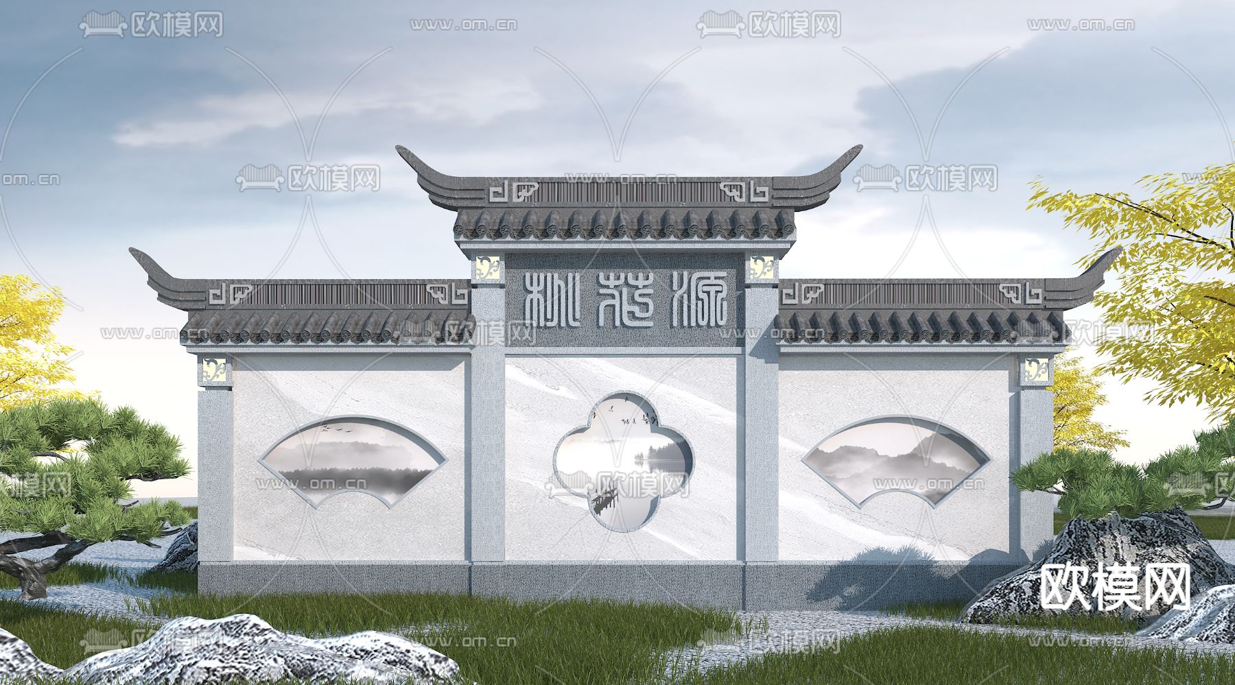 新中式景观墙3d模型