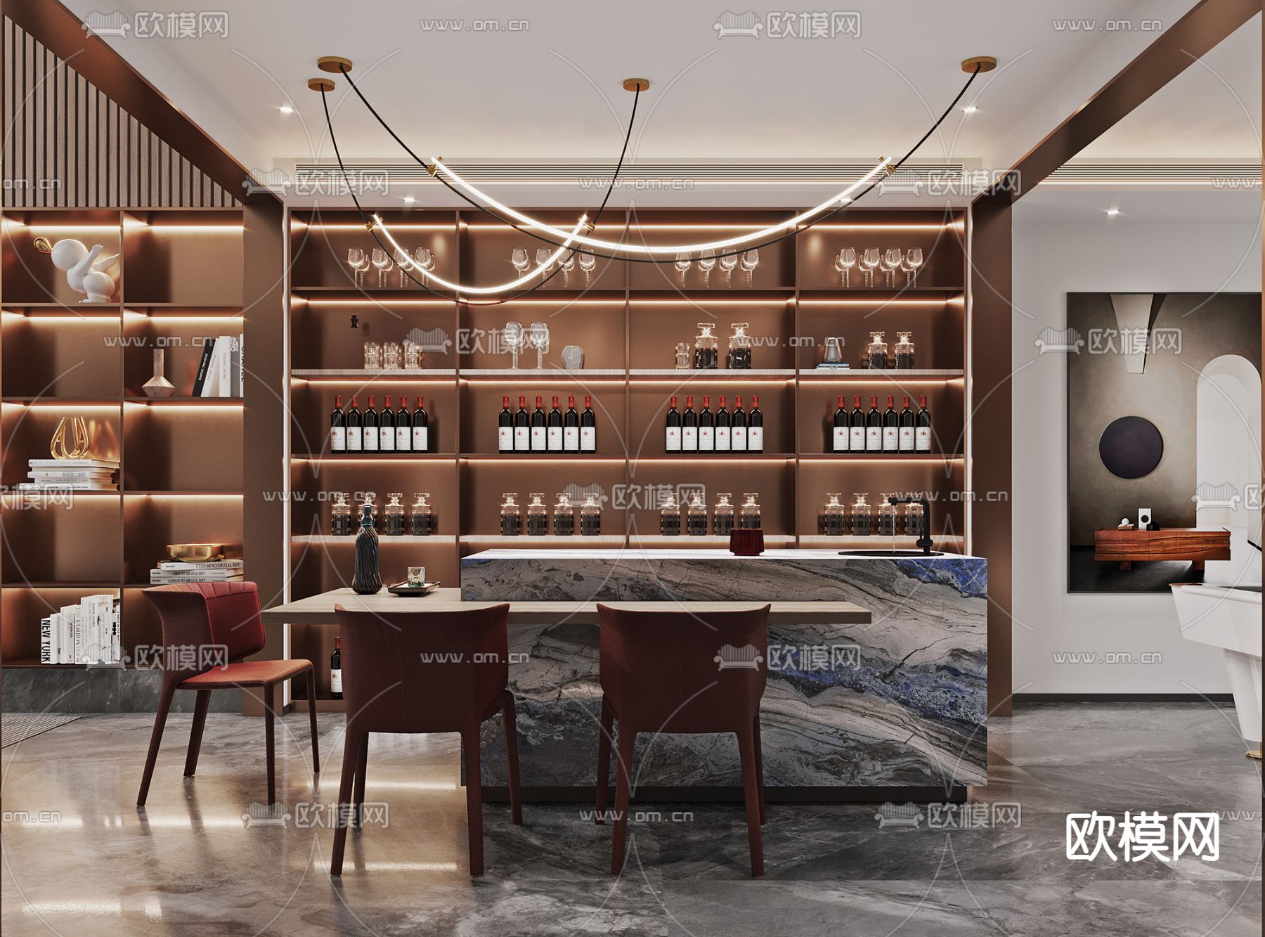 现代轻奢别墅大堂3d模型下载（渲染图6）