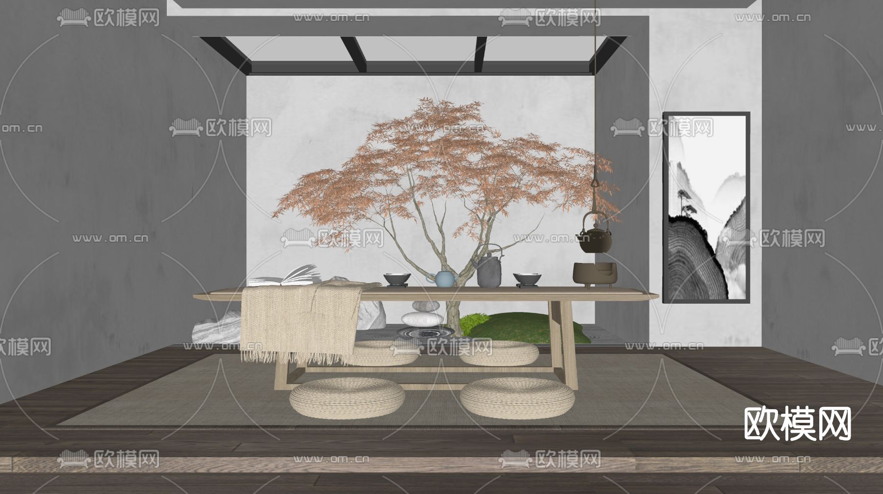 新中式实木茶桌椅su模型下载（渲染图2）