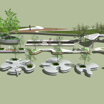  现代树池花坛公用椅su模型 