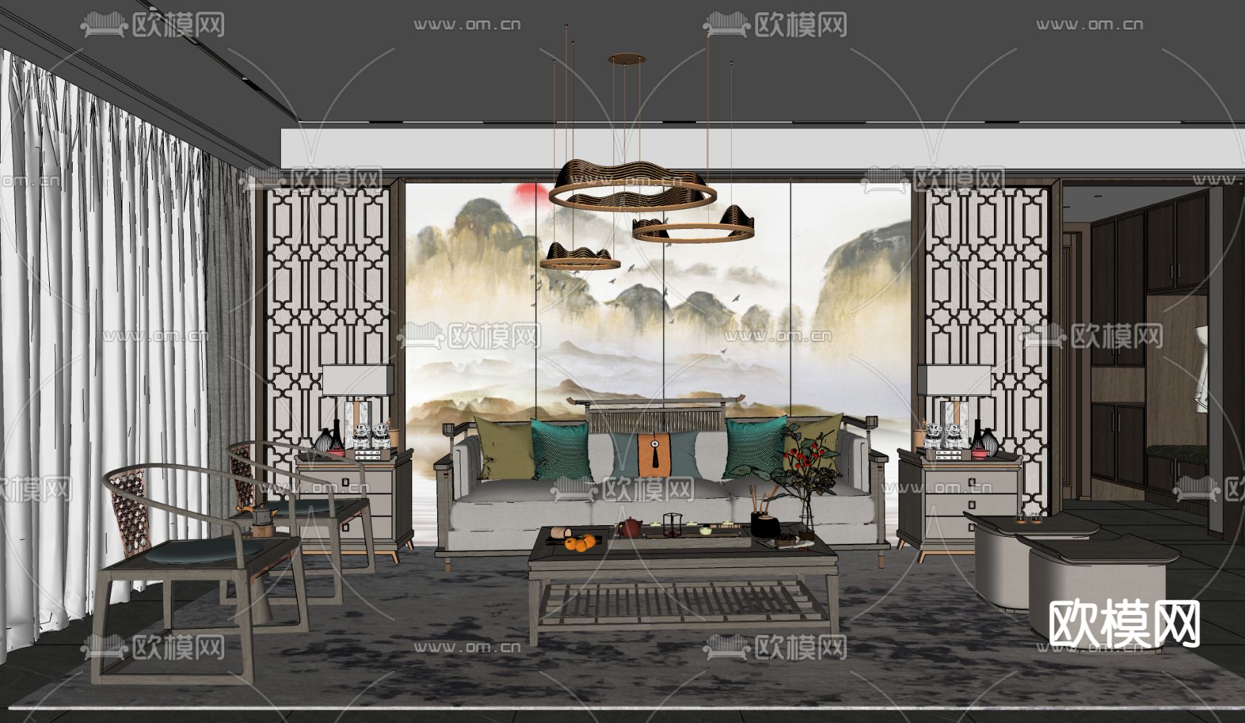 新中式客厅su模型