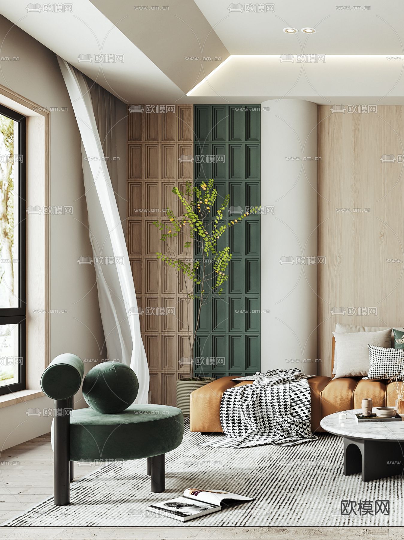 现代布艺转角沙发组合3d模型下载（渲染图2）