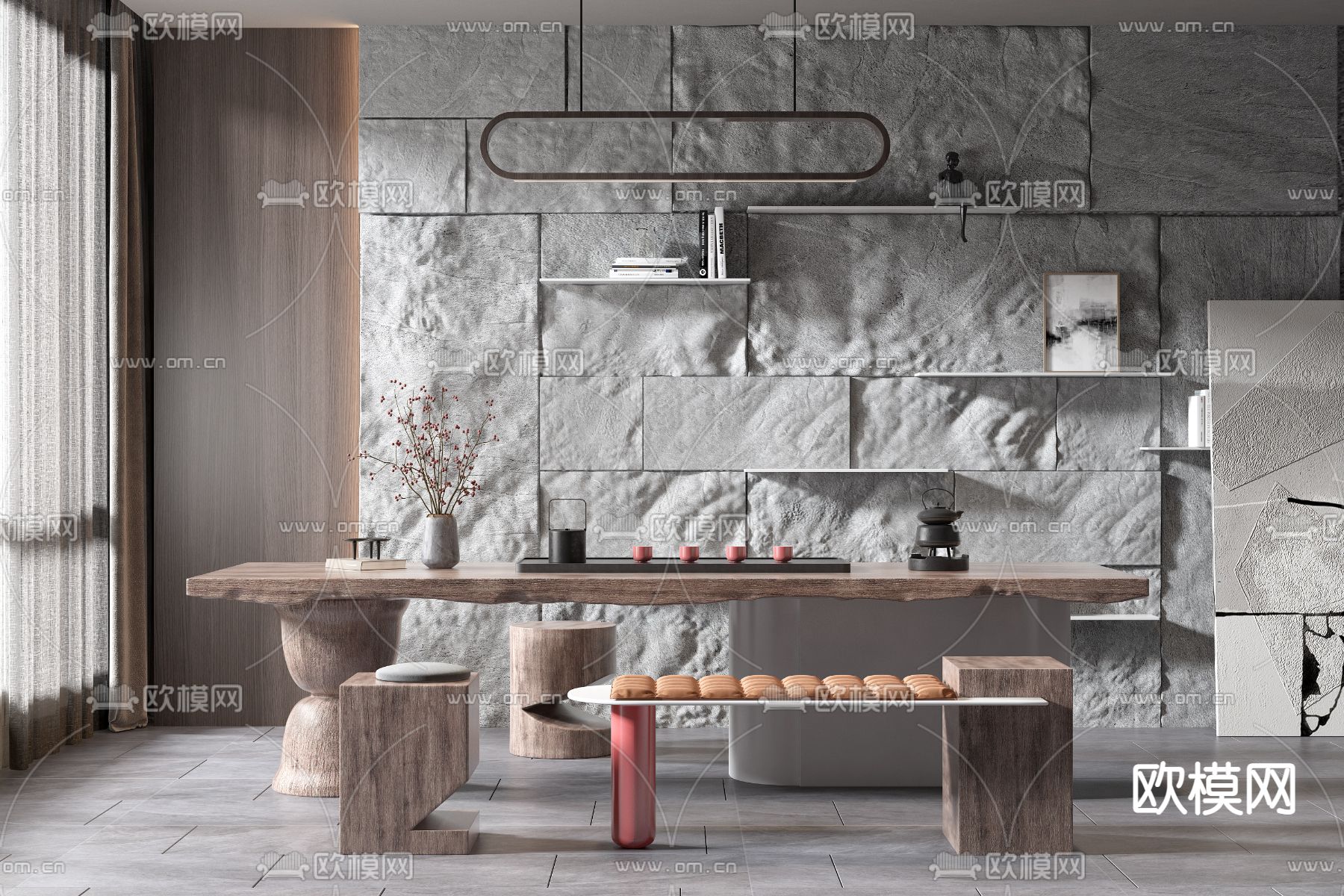 侘寂实木茶桌椅3d模型下载