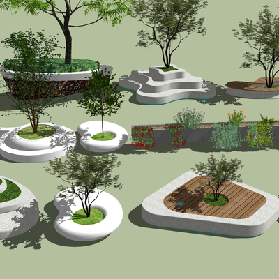  现代树池花坛公用椅su模型 