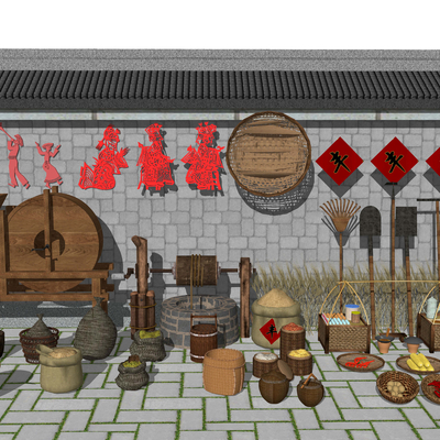  中式农家小院农具su模型 