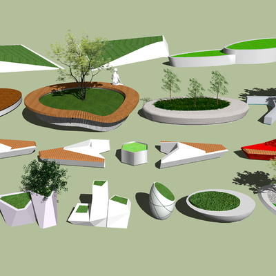  现代树池花坛公用椅su模型 