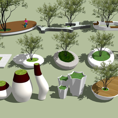  现代树池花坛公用椅su模型 