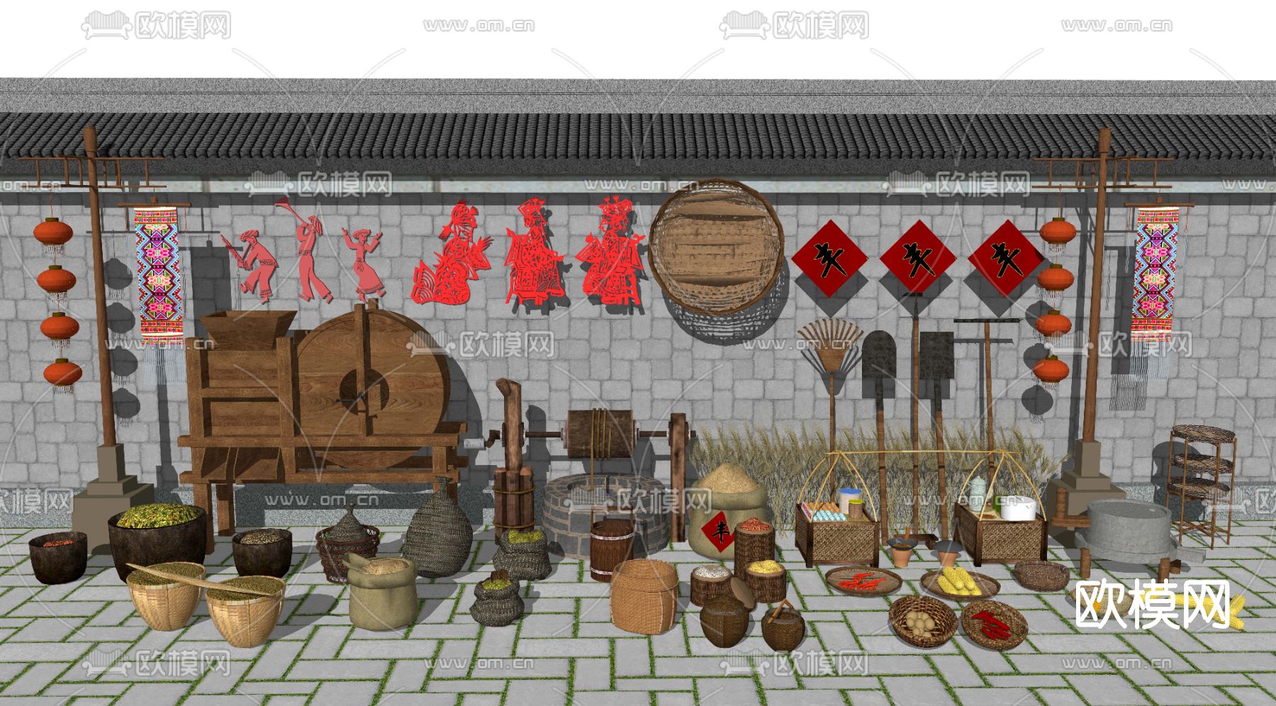 中式农家小院农具su模型下载