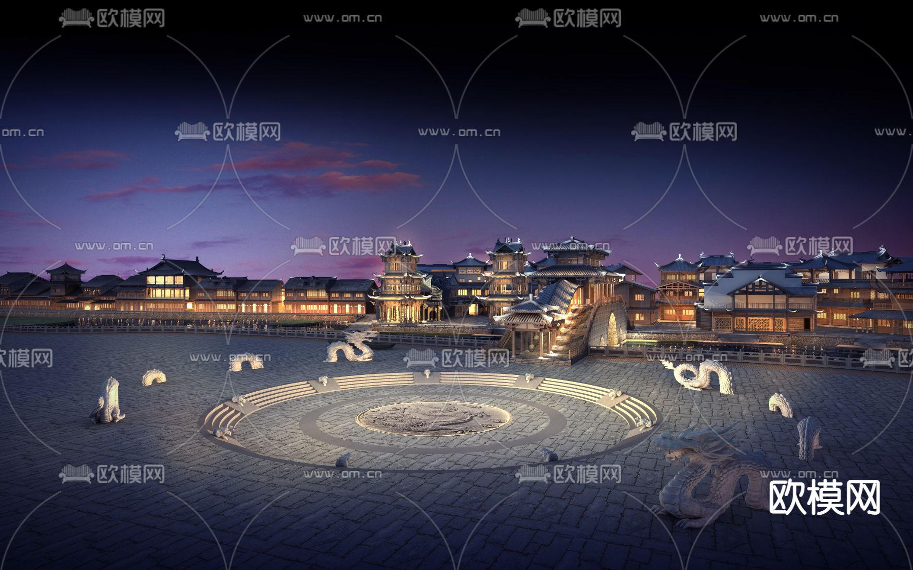 中式仿古建筑夜景3d模型